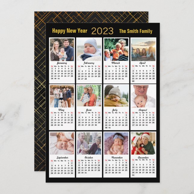 Cartão De Festividades Calendário de Script Dourado de Foto da Família Mo (Frente/Verso)