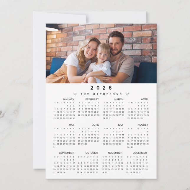 Cartão De Festividades Calendário do Ano Inteiro de 2026 com Foto (Frente)