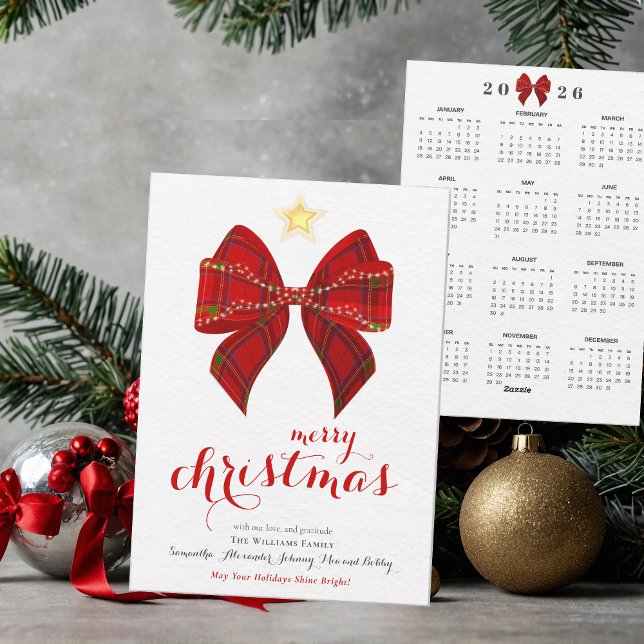 Cartão De Festividades Calendário do Arco Tartan 2026 Feliz Calendário de (Red Elegant Tartan Bow 2026 Calendar Merry Christmas Keepsake Calendar Holiday Card)