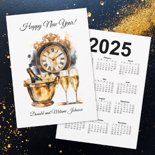 Cartão De Festividades Calendário Feliz Ano Novo Preto e Dourado