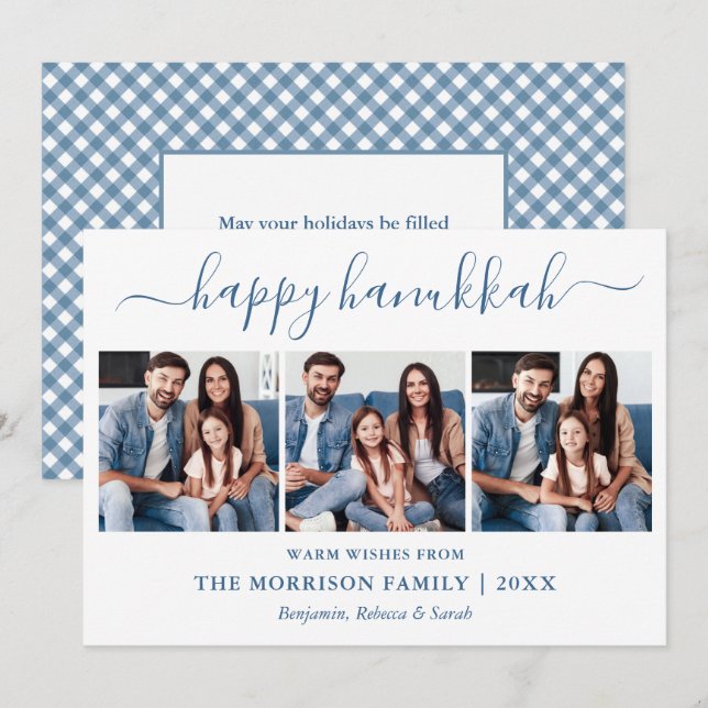 Cartão De Festividades Caligrafia 3 Foto Dusty Blue Gingham Hanukkah (Frente/Verso)