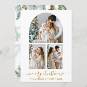 Cartão De Festividades Caligrafia 3 Photo Arch Watercolor Pine Dourado