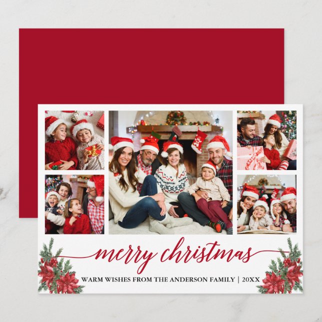 Cartão De Festividades Caligrafia 5 Foto Natal Poinsettia Pines (Frente/Verso)