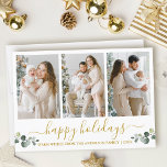 Cartão De Festividades Caligrafia Aquarela Eucalyptus 3 Foto Dourada<br><div class="desc">A Carta de Feriados Felizes do Script 3 de Caligrafia Moderna inclui Folhas Eucalyptus de Aquarela. Texto Dourado.</div>