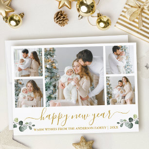 Cartão De Festividades Caligrafia Aquarela Eucalyptus Ano Novo Dourado