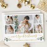 Cartão De Festividades Caligrafia Aquarela Eucalyptus Dourado Natal<br><div class="desc">O roteiro de caligrafia moderna Merry Christmas 5 Photo Holiday Card inclui Watercolor Eucalyptus Leaves. Texto Dourado.</div>