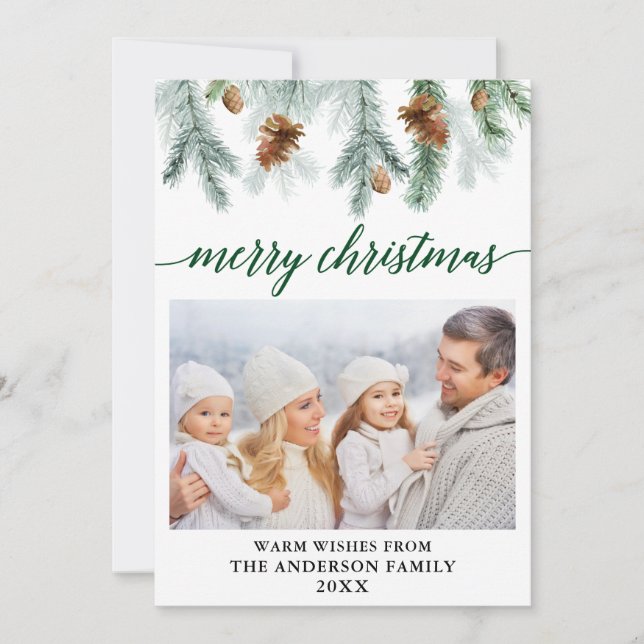 Cartão De Festividades Caligrafia Aquarela Pine Cones Natal Verde (Frente)
