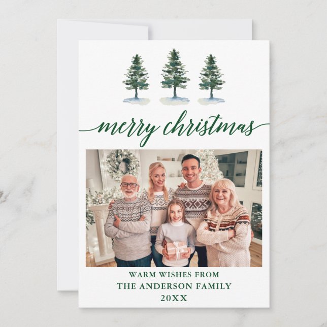 Cartão De Festividades Caligrafia Aquarela Pines Verdes Foto Natal (Frente)