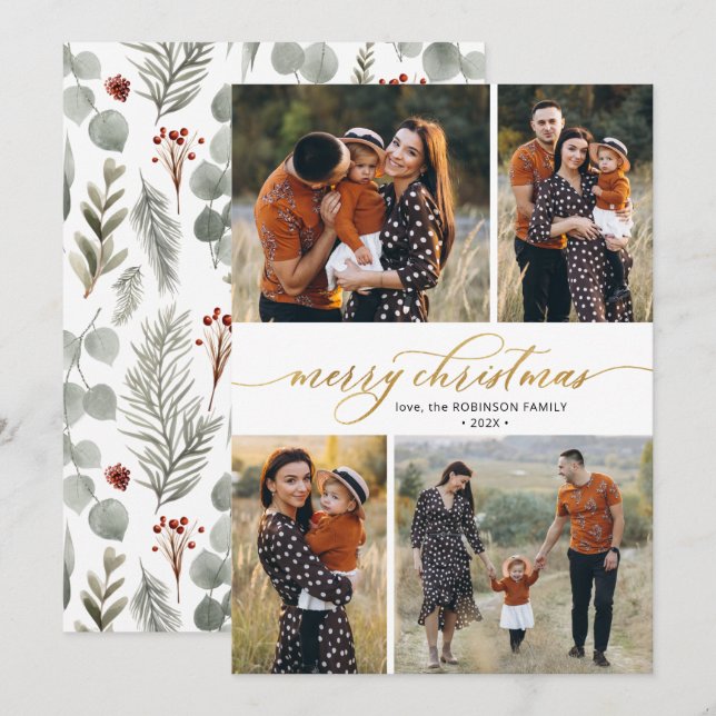 Cartão De Festividades Caligrafia Botânica 4 Várias Fotografias Natal (Frente/Verso)