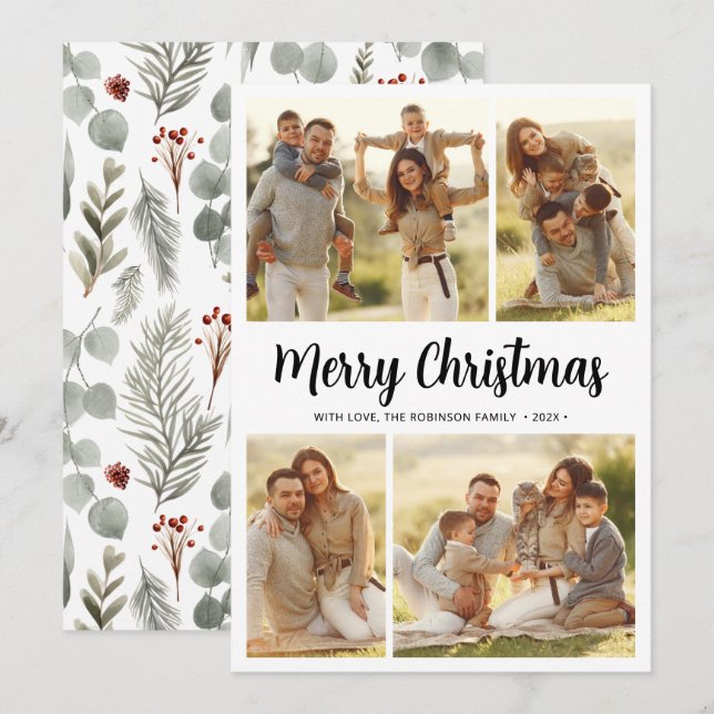 Cartão De Festividades Caligrafia Botânica 4 Várias Fotografias Natal (Frente/Verso)