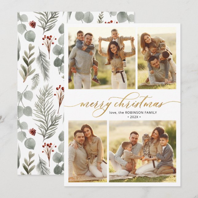 Cartão De Festividades Caligrafia Botânica 4 Várias Fotografias Natal (Frente/Verso)