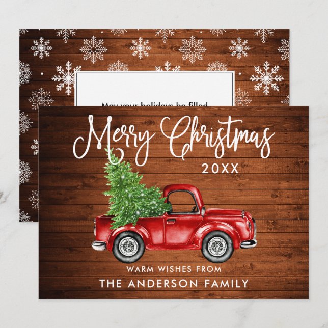 Cartão De Festividades Caligrafia Caminhão de Natal Flocos de Neve Madeir (Frente/Verso)