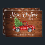 Cartão De Festividades Caligrafia Caminhão de Natal Flocos de Neve Madeir<br><div class="desc">Madeira russa - Caligrafia divertida moderna Script Watercolor Vintage Red Truck com Árvore de Natal - Feliz Cartão de Natal com Flocos de Neve</div>