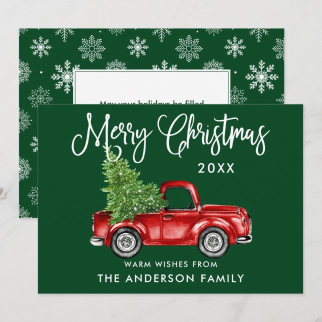 Cartão De Festividades Caligrafia Caminhão de Natal Flocos de Neve Verde (Frente/Verso)