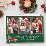 Cartão De Festividades Caligrafia Coração 3 Foto Natal Caminhão Vermelho<br><div class="desc">Cartaz de Natal Feliz - Vintage Red Truck com Árvore de Natal - Floresta Verde</div>