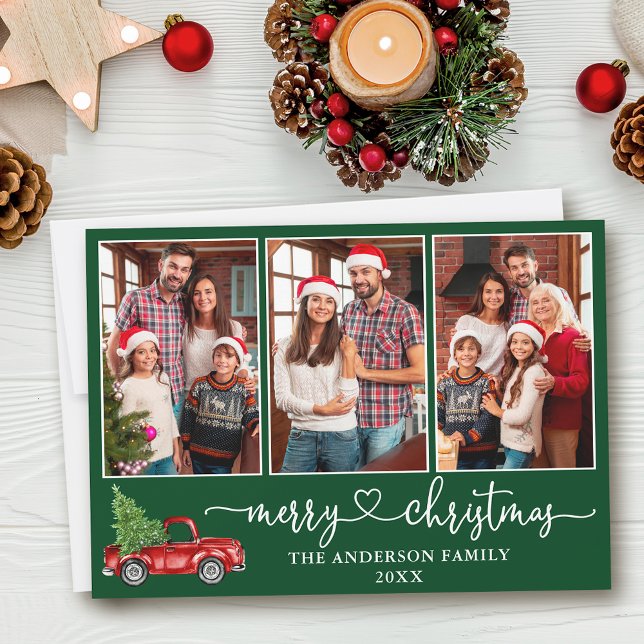 Cartão De Festividades Caligrafia Coração 3 Foto Natal Caminhão Vermelho (Customize to add text to back of card or to change background color of card.)
