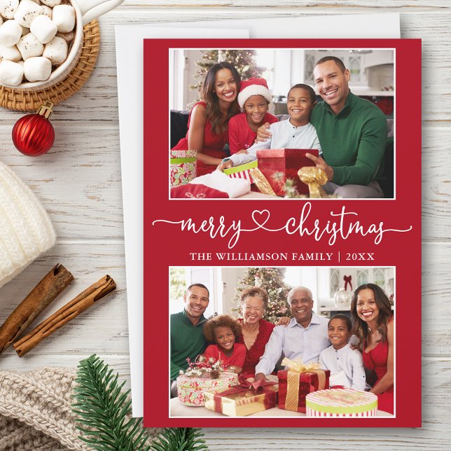 Cartão De Festividades Caligrafia Coração Feliz Natal Vermelho 2 Foto (Customize to add text to back of card.)