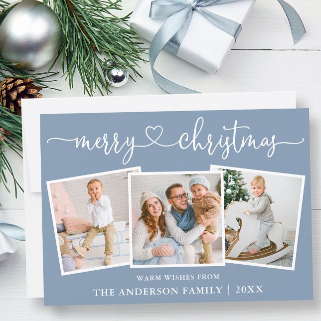 Cartão De Festividades Caligrafia Coração Natal Dusty Blue 3 Foto (Customize to change your personalized text size or text style.)