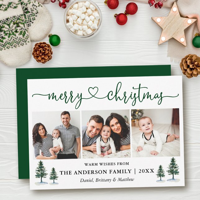 Cartão De Festividades Caligrafia Coração Pinheiros de Natal 3 Foto Verde (Customize to add text to back of card or to change color of  back of card.)