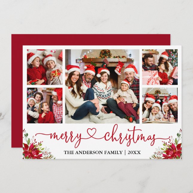 Cartão De Festividades Caligrafia Coração Poinsettia 5 Foto (Frente/Verso)