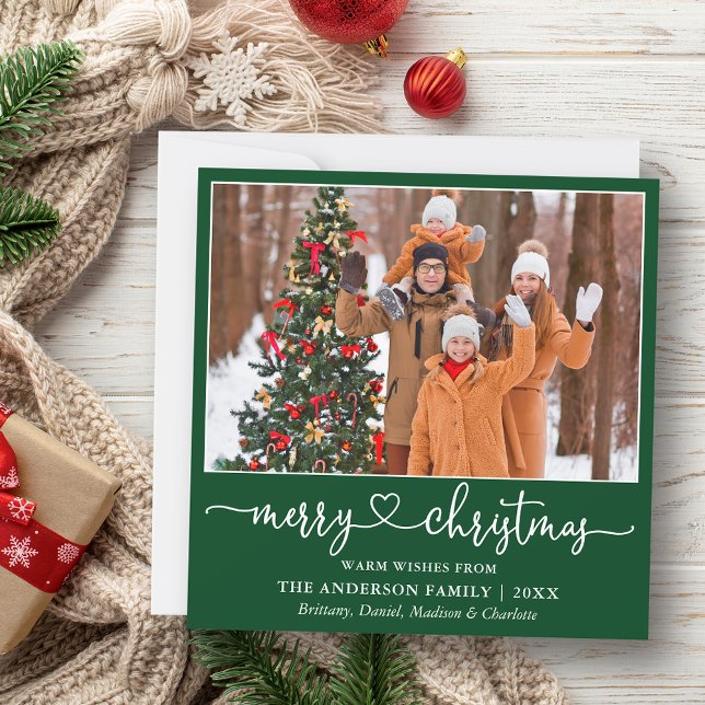 Cartão De Festividades Caligrafia Coração Script de Natal Verde Quadrado (Customize to add text to back of card.)