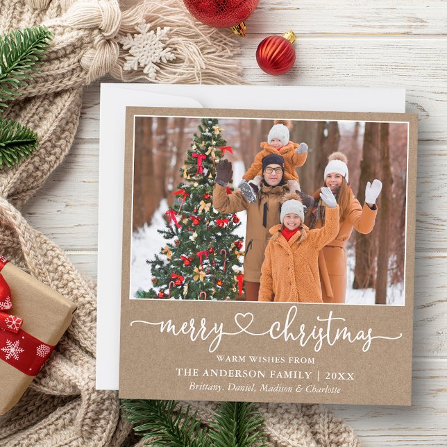 Cartão De Festividades Caligrafia Coração Script Natal Kraft Quadrado (Customize to add text to back of card.)