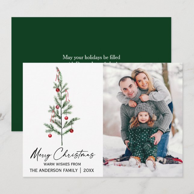 Cartão De Festividades Caligrafia de árvore de pinheiro de aquarela Verde (Frente/Verso)