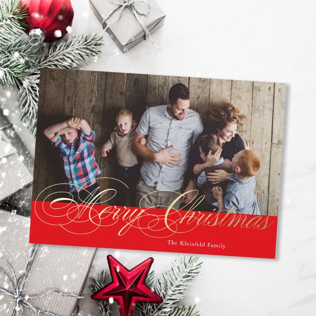 Cartão De Festividades Caligrafia de Folha Vermelha e Dourada (Criador carregado)