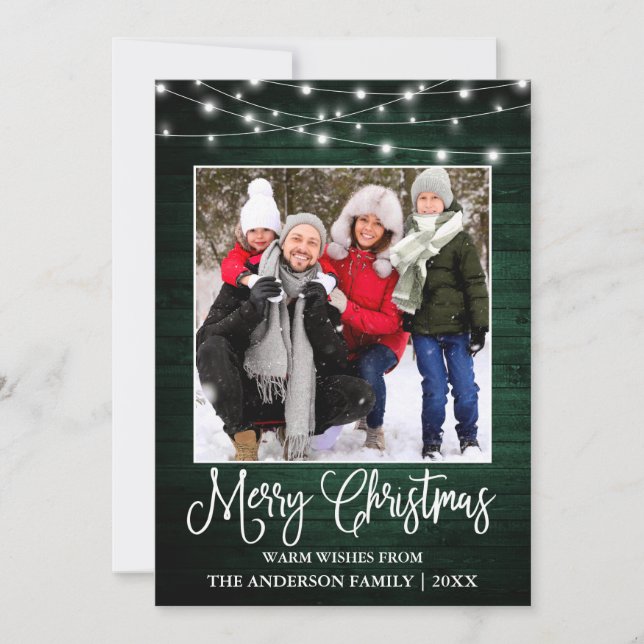 Cartão De Festividades Caligrafia de Natal Foto das Luzes de Madeira Verd (Frente)
