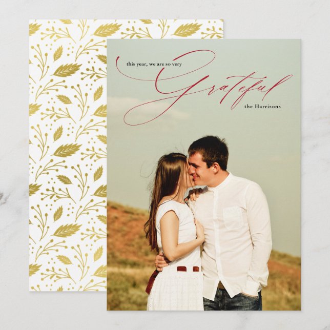 Cartão De Festividades Caligrafia de Roteiro Vermelho Grato Foto Completa (Frente/Verso)