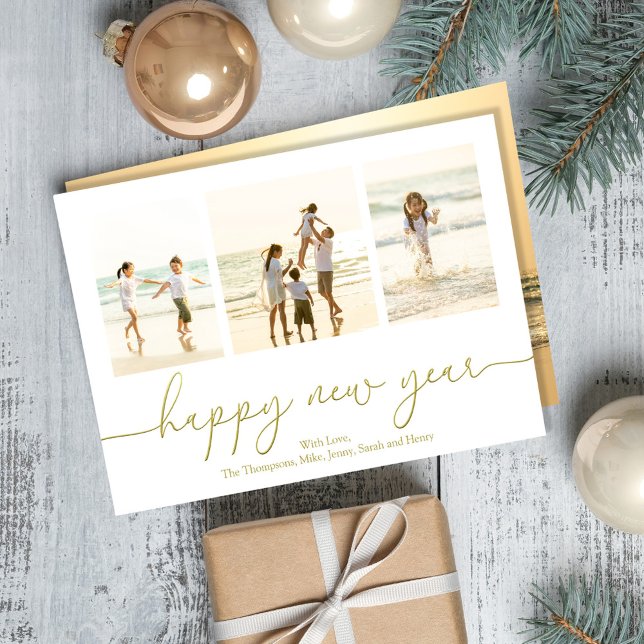 Cartão De Festividades Caligrafia Dourada com Foto do feliz ano novo (Happy New Years photo cards with gold calligraphy script. )