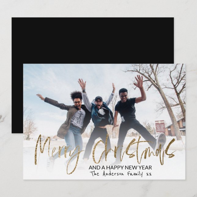 Cartão De Festividades Caligrafia Dourada de Natal Moderno 1 Foto (Frente/Verso)