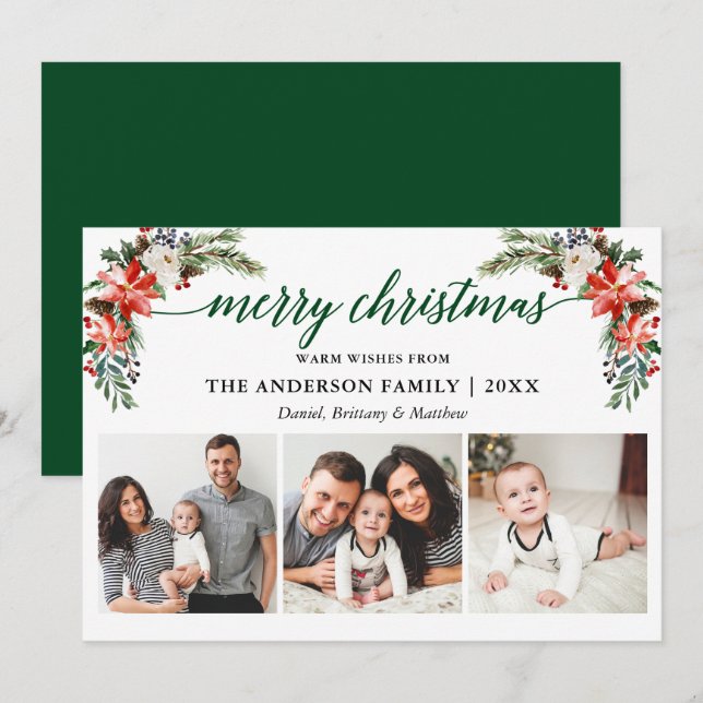 Cartão De Festividades Caligrafia Elegante Aquarela Invernal Verde Floral (Frente/Verso)