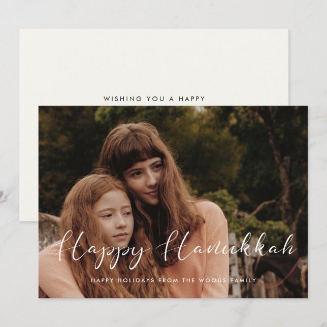 Cartão De Festividades Caligrafia elegante, foto feliz de Hanukkah (Frente/Verso)