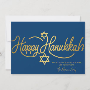 Cartão De Festividades Caligrafia Feliz Hanukkah Azul e Dourado