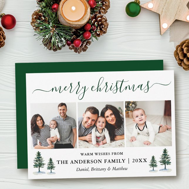 Cartão De Festividades Caligrafia Feliz Natal 3 Fotos de Pinheiros Verdes (Customize to add text to back of card or to change color of back of card.)