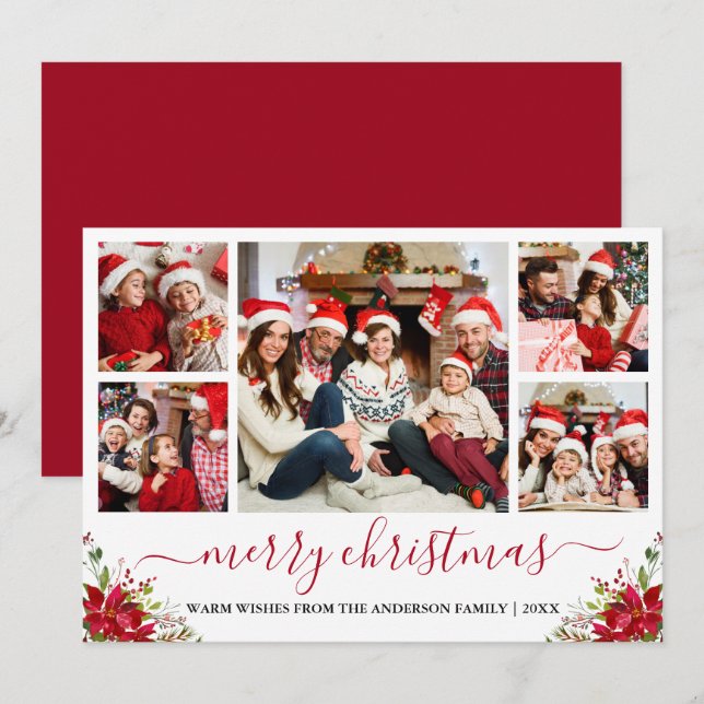 Cartão De Festividades Caligrafia Feliz Natal 5 Foto Poinsettia (Frente/Verso)