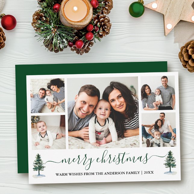 Cartão De Festividades Caligrafia Feliz Natal 5 Fotos de Pinheiros Verdes (Customize to add text to back of card or to change color of back of card.)