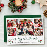 Cartão De Festividades Caligrafia Feliz Natal Holly 5 Foto Verde<br><div class="desc">Cláusula de Caligrafia Moderna 5 Fotografias Colagem da Família Fotográfica Cartão de Natal Merry inclui Watercolor Christmas Holly Berries - Forest Green Script</div>