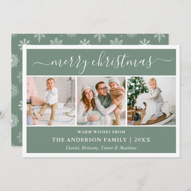 Cartão De Festividades Caligrafia Flocos de Neve Verde de Natal 3 Foto (Frente/Verso)