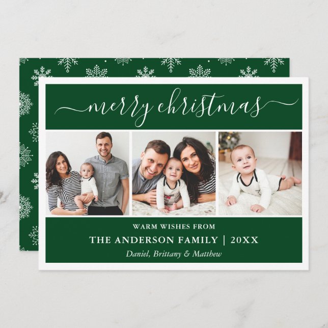 Cartão De Festividades Caligrafia Flocos de Neve Verde de Natal 3 Foto (Frente/Verso)