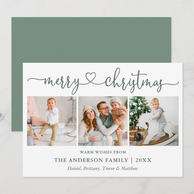 Cartão De Festividades Caligrafia Heart Christmas 3 Photo Sage Green (Frente/Verso)