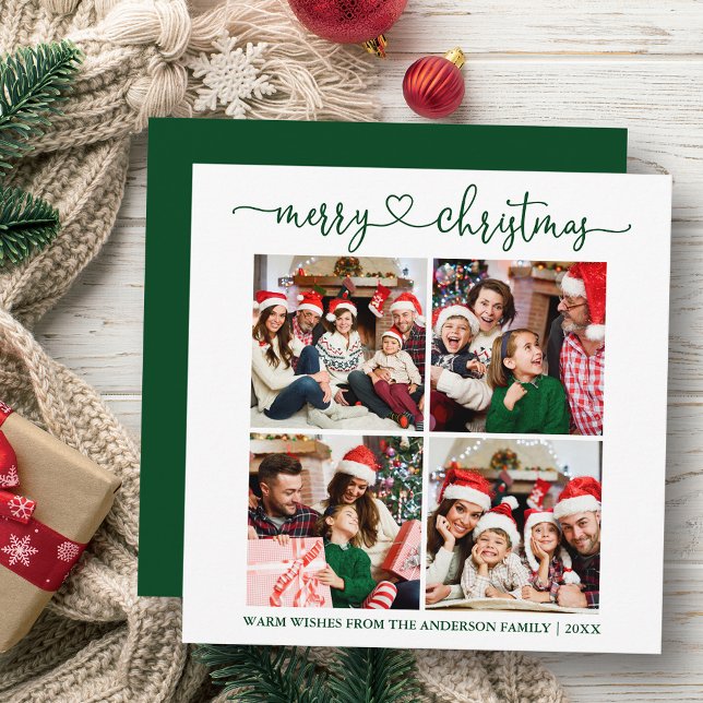 Cartão De Festividades Caligrafia Heart Christmas 4 Photo Green Square (Customize to change your personalized text size or text style.)
