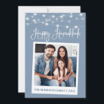Cartão De Festividades Caligrafia Ilumina Câmera Instantânea Foto Chanucá<br><div class="desc">Script de caligrafia divertida moderna,  Estilo de Câmera Instantâneo Foto Feliz Cartão Hanukkah - Azul Dusty com Luzes de Cordas</div>