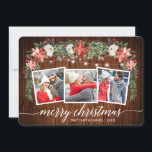 Cartão De Festividades Caligrafia Madeira 3 Fotografia Watercolor Winter<br><div class="desc">Roteiro Elegante Moderno de Caligrafia,  Watercolor Winter Floral,  String Lights Casal 3 Foto Merry Christmas Card inclui poinsettias vermelhas com aquarelas,  rosas brancas,  groselhas ocas,  cones de pínus e folhagem botânica verde. Madeira russa do campo.</div>