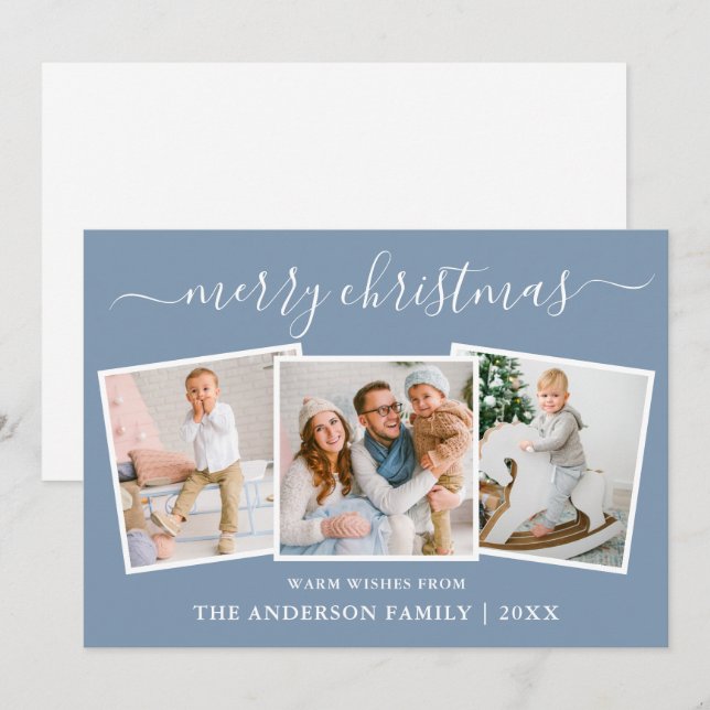 Cartão De Festividades Caligrafia moderna 3 Foto de Natal Azul (Frente/Verso)