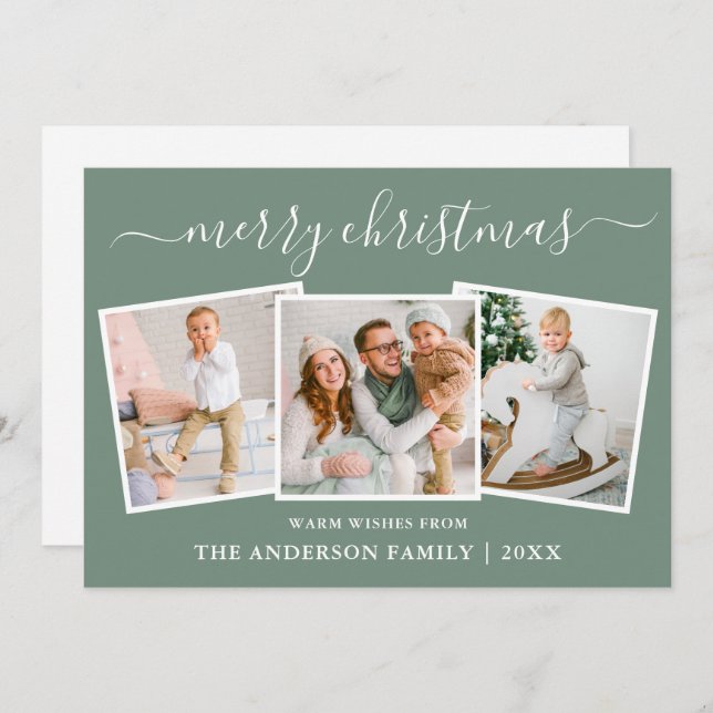 Cartão De Festividades Caligrafia moderna 3 Foto de Natal Verde (Frente/Verso)
