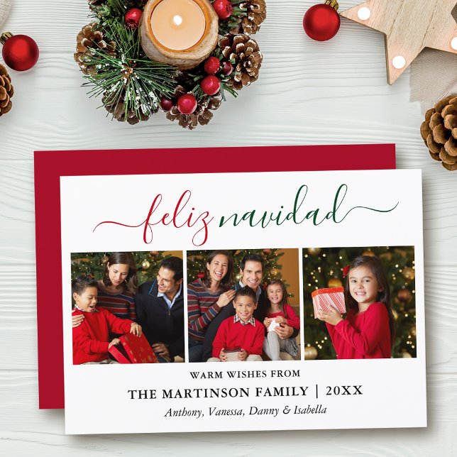 Cartão De Festividades Caligrafia Moderna 3 Foto Red Green Feliz Navidad (Customize to add text to back of card.)