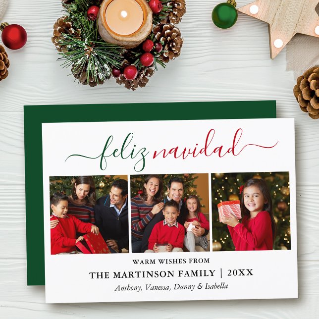 Cartão De Festividades Caligrafia Moderna 3 Foto Verde Feliz Vermelho Nav (Customize to add text to back of card.)