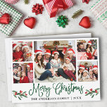 Cartão De Festividades Caligrafia moderna Green 5 Photo Christmas<br><div class="desc">Modern Fun Calliographic 5 Photo Family Collage O Cartão de Natal Merry inclui Watercolor Christmas Holly Berries - Script Verde</div>